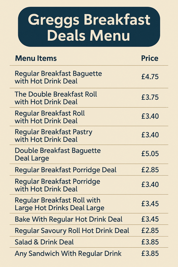 Greggs breakfast deals menu
